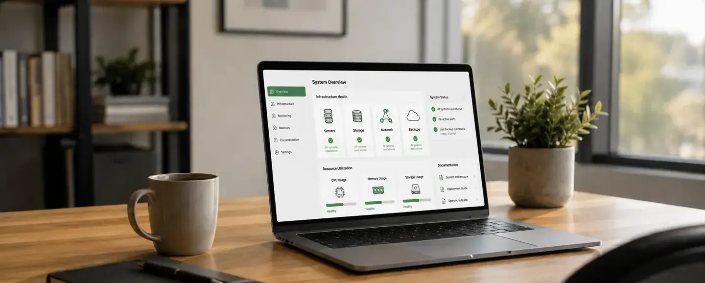 Laptop displaying an IT systems overview on a clean office desk